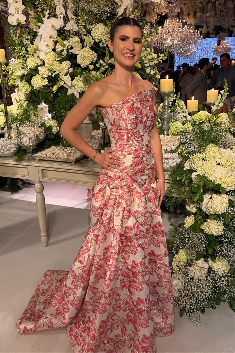 Floral Jacquard Strapless A-Line Evening Gown