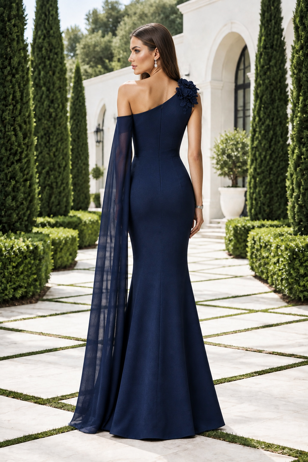 One-Shoulder Gown with Flowing Cape Sleeve