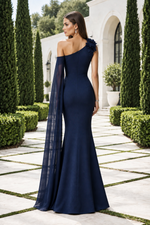 One-Shoulder Gown with Flowing Cape Sleeve