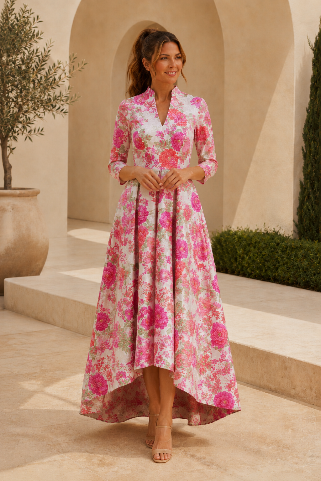 Floral High-Low A-Line Dress with 3/4 Sleeves