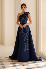 One-Shoulder Floral Appliqué Evening Gown