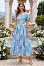 Floral Jacquard A-Line Midi Dress with Sleeves