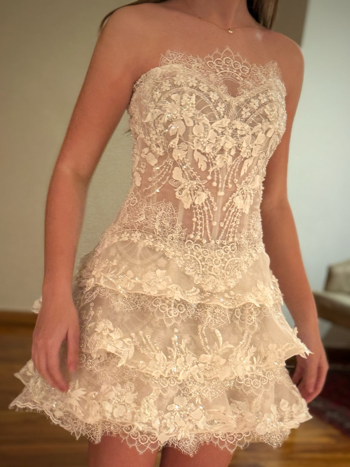 Tiered Lace Corset Mini Dress with Appliques