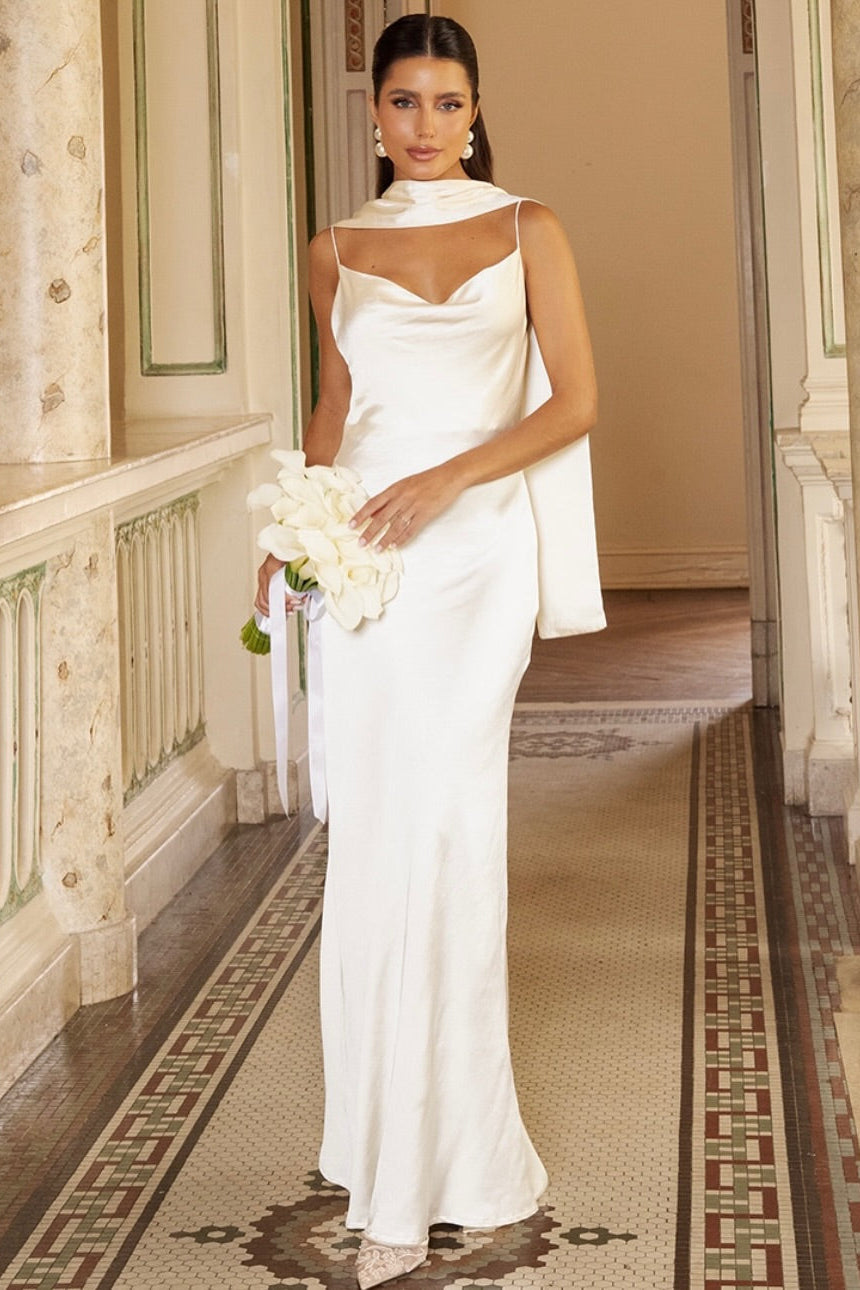 Cowl Neck Slip Wedding Dress with Watteau Train