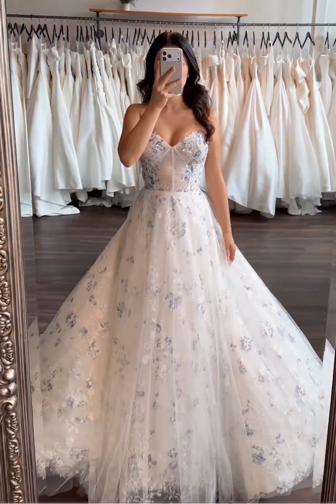 Floral Embroidered Corset Ball Gown Wedding Dress