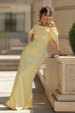 Off-the-Shoulder Satin Column Evening Gown