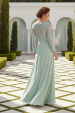 Lace-Sleeve Ruched Gown with 3D Flower Detail