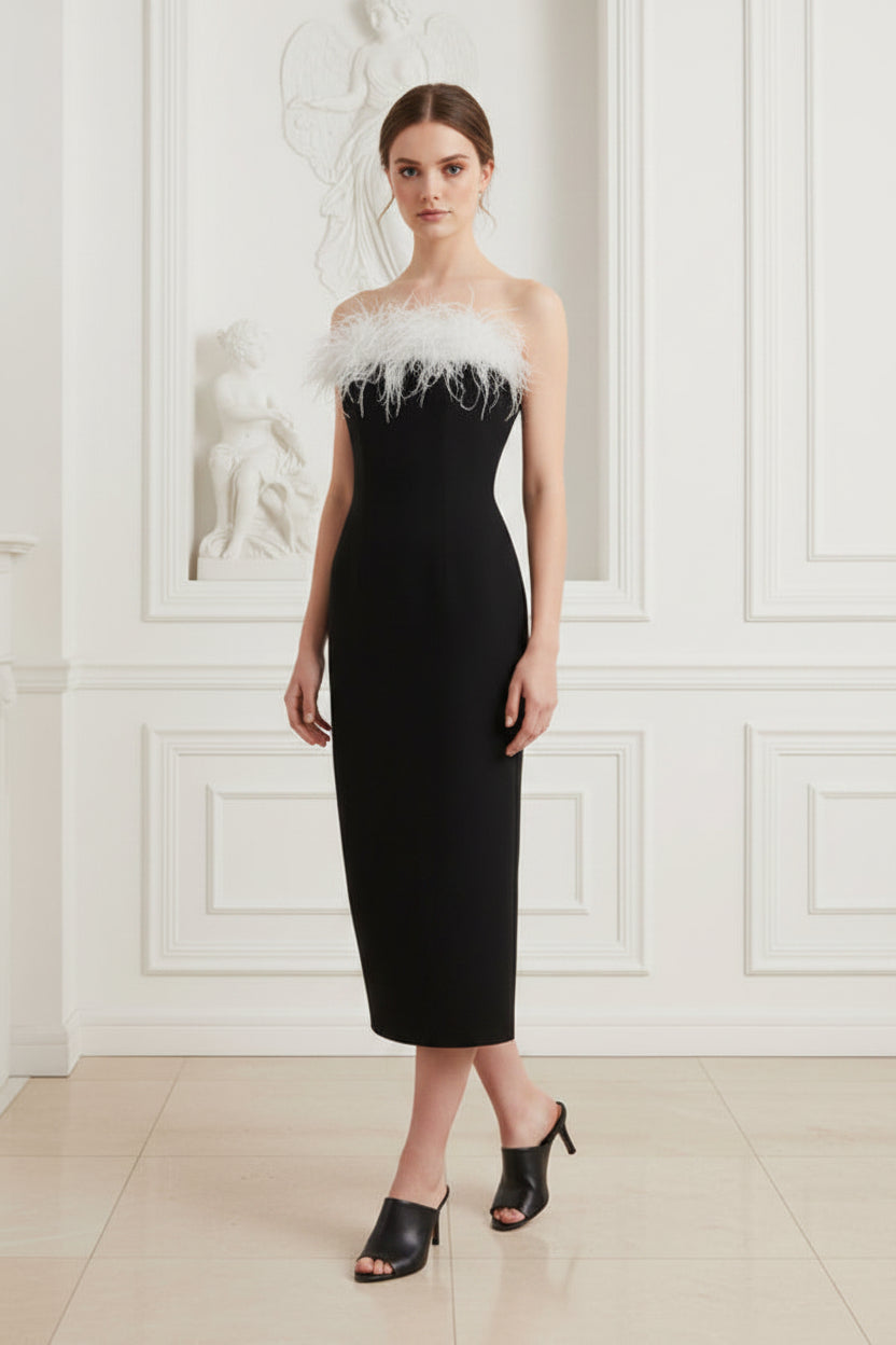 Strapless Feather Trim Midi Sheath Dress
