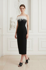 Strapless Feather Trim Midi Sheath Dress