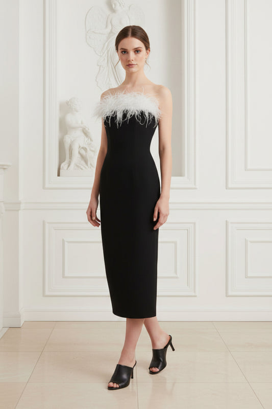 Strapless Feather Trim Midi Sheath Dress