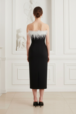 Strapless Feather Trim Midi Sheath Dress