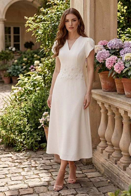 Floral Applique Midi Dress with Flutter Sleeves