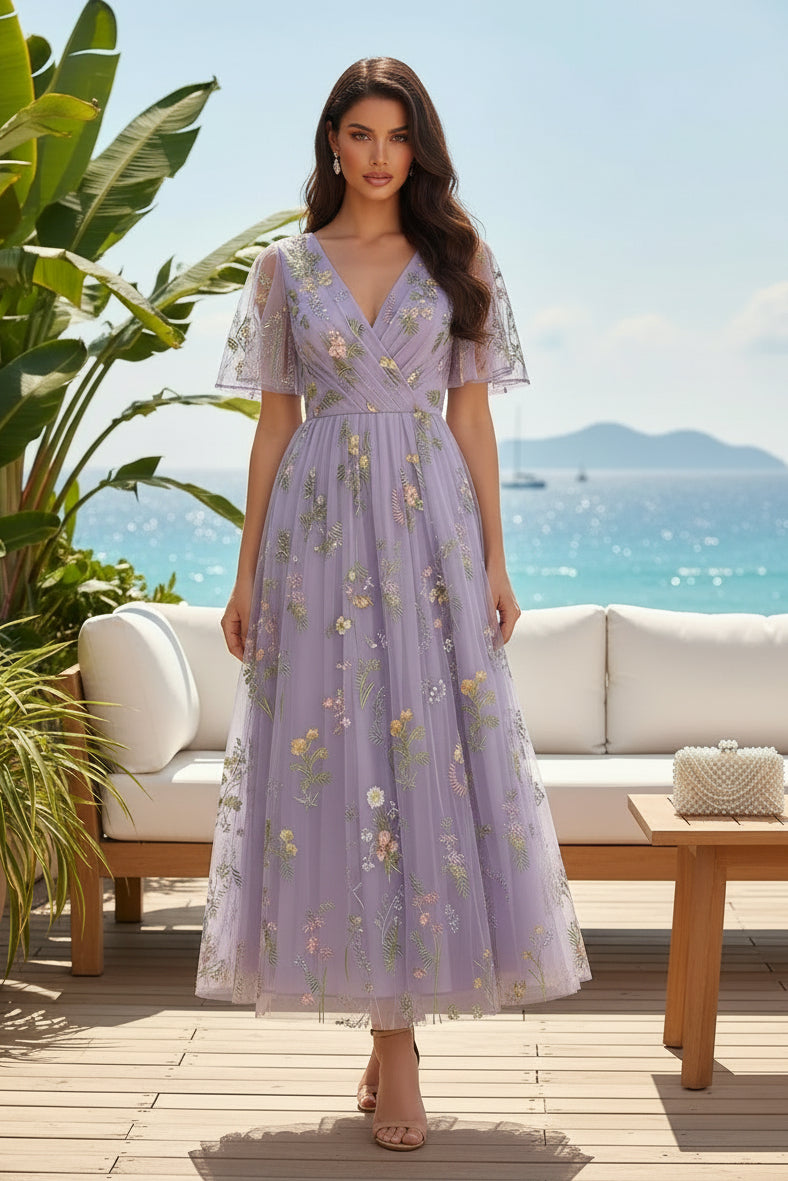 Embroidered Tulle V-Neck Midi Dress with Flutter Sleeves
