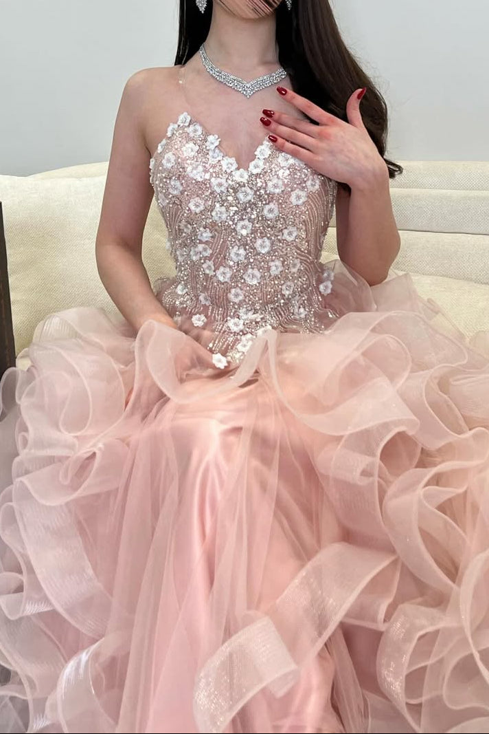 Strapless Ruffle Ball Gown with Floral Beading