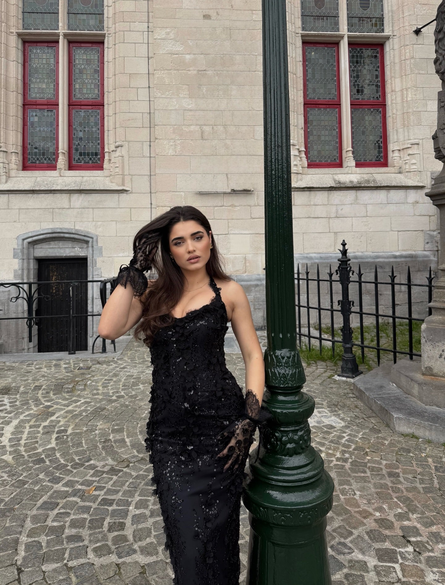 Halter Lace Applique Sequin Evening Gown