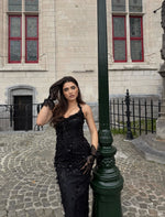 Halter Lace Applique Sequin Evening Gown