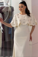 Scalloped Cape Beaded Evening Gown