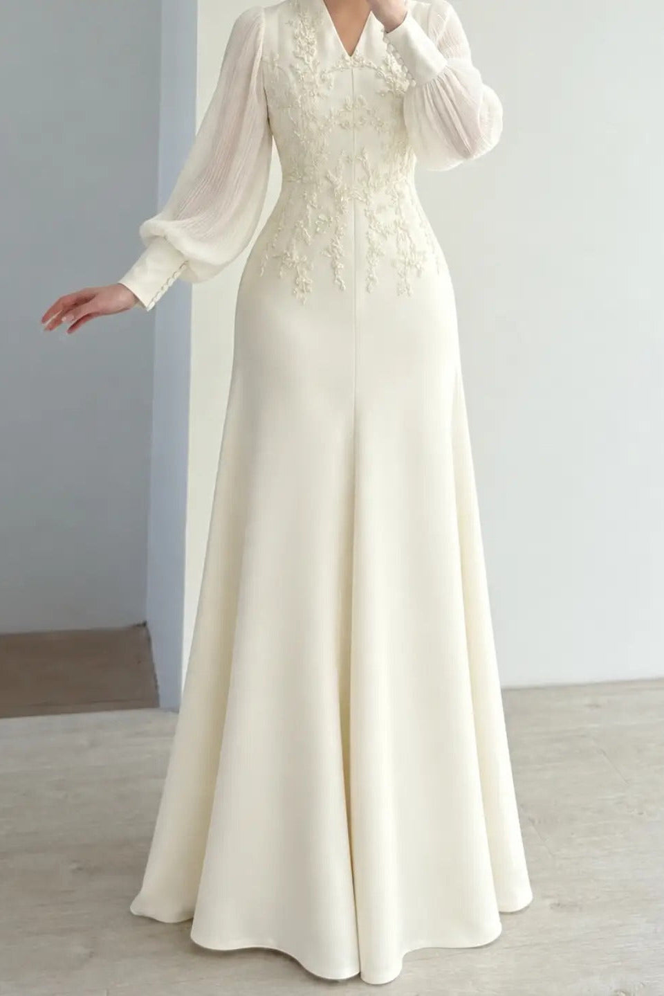 Embroidered V-Neck Gown with Bishop Sleeves