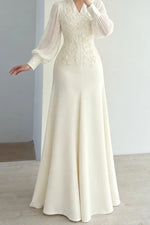 Embroidered V-Neck Gown with Bishop Sleeves