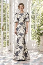 Floral Jacquard Puff Sleeve Trumpet Gown