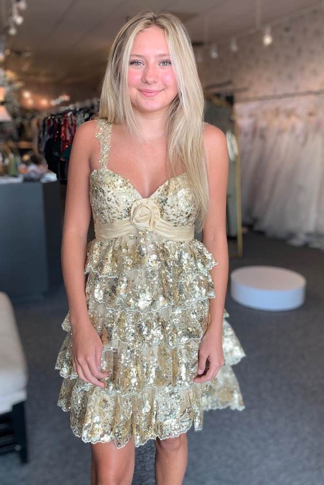 Sweetheart Tiered Sequin Lace Mini Dress