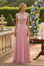 Floral Applique Cap Sleeve A-Line Chiffon Gown