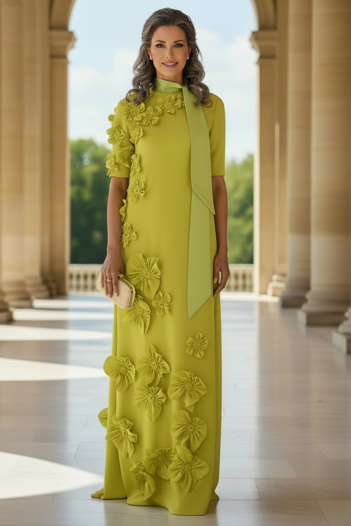 Elegant High Neck 3D Floral Column Evening Gown