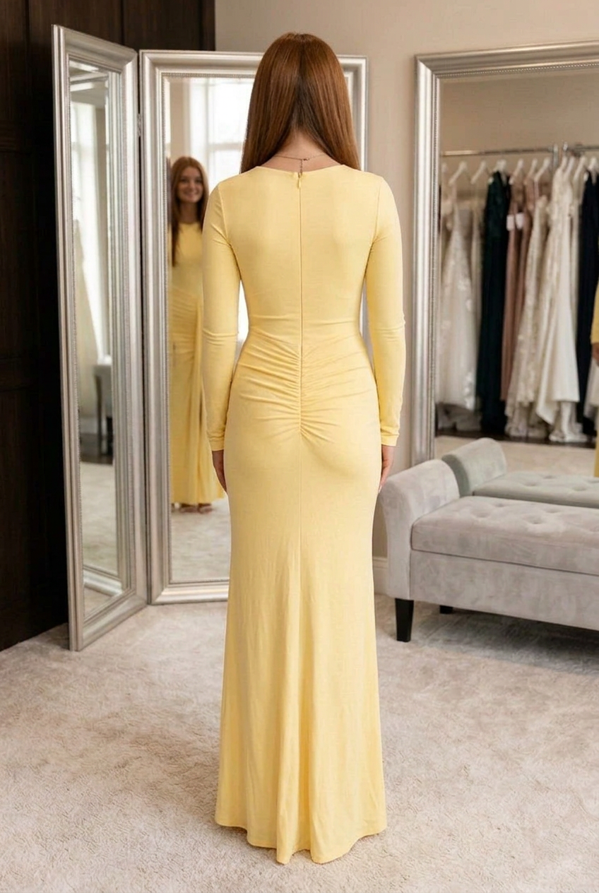 Ruched Long Sleeve Maxi Dress with Slit