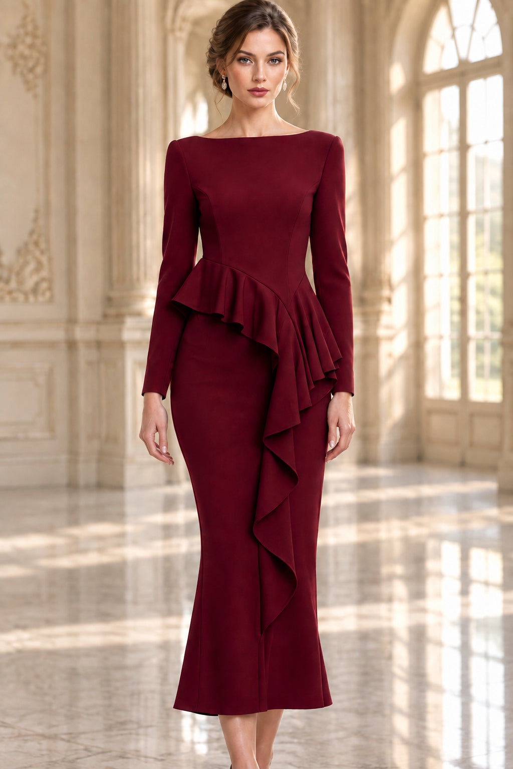 Long Sleeve Asymmetrical Ruffle Midi Dress