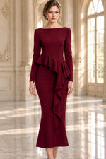 Long Sleeve Asymmetrical Ruffle Midi Dress
