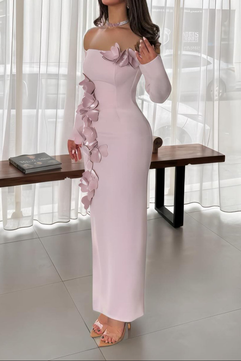 Off-Shoulder 3D Floral Column Gown