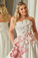 Strapless Floral Applique Ball Gown with Pockets