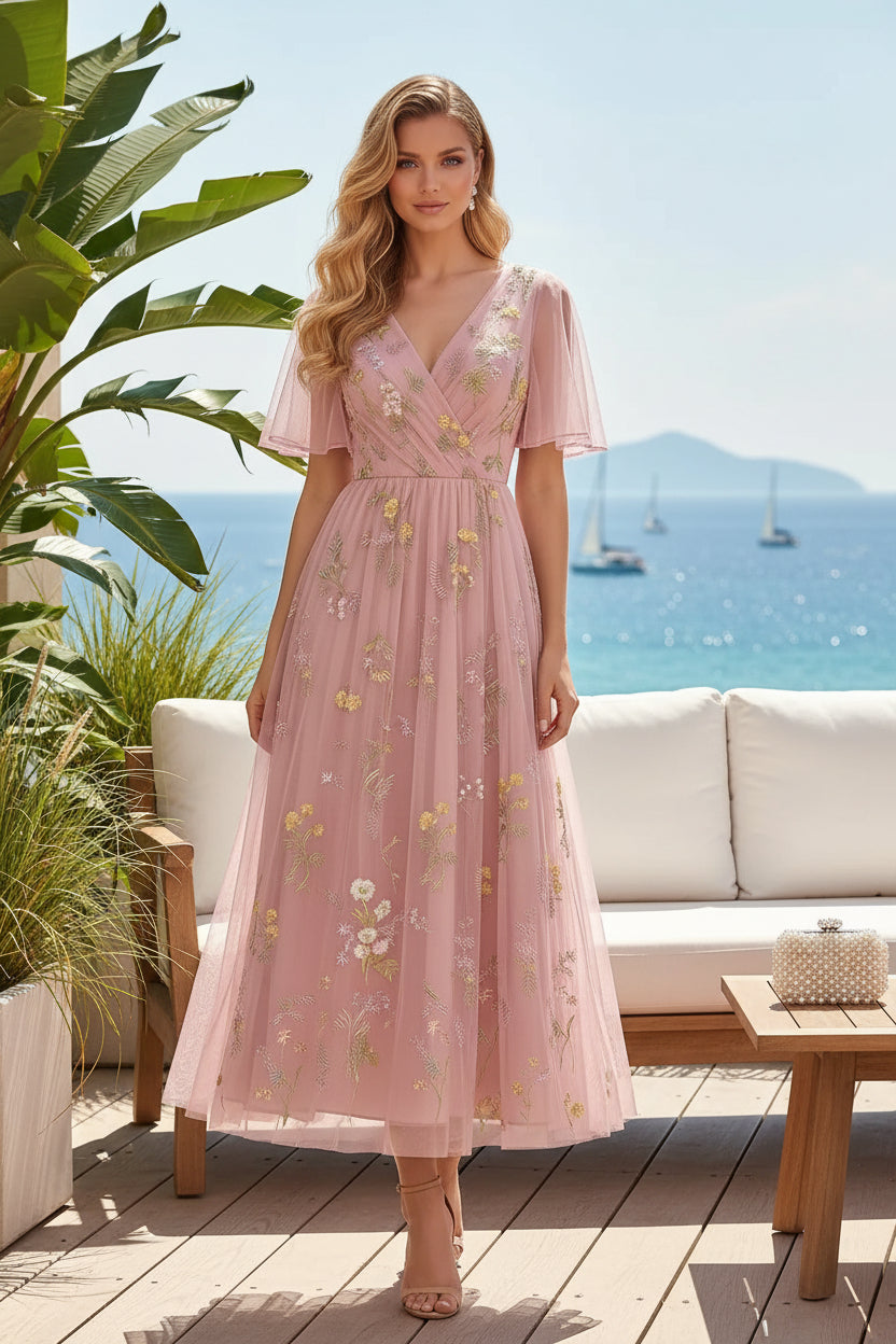Embroidered Tulle V-Neck Midi Dress with Flutter Sleeves