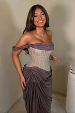 Beaded Corset Draped Slit Evening Gown