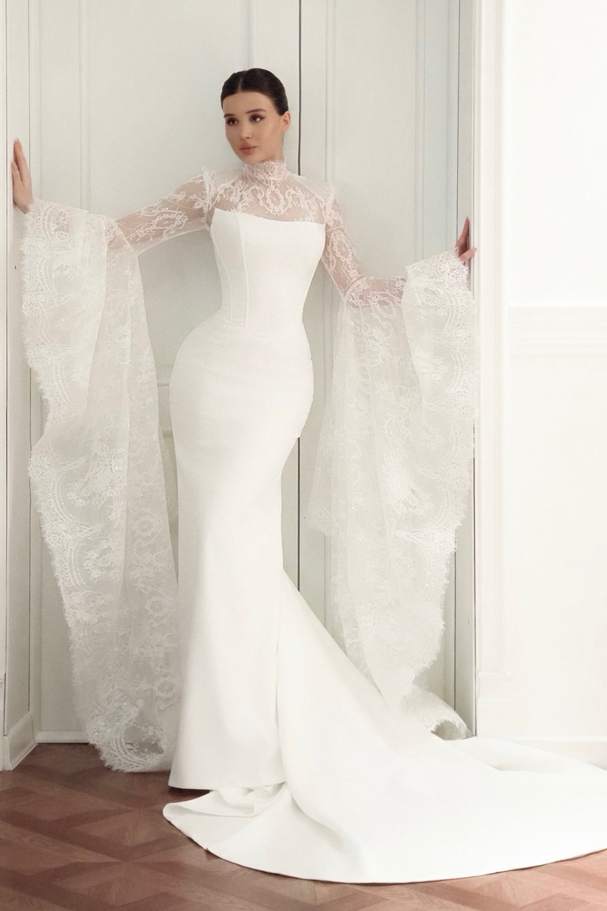 High Neck Mermaid Wedding Dress with Dramatic Lace Sleeves