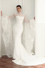 High Neck Mermaid Wedding Dress with Dramatic Lace Sleeves