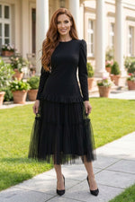 Tiered Tulle Midi Dress with Long Sleeves