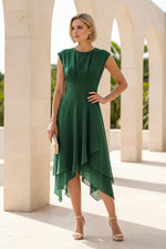 Cap Sleeve High-Low Midi Dress with Pleated Bodice