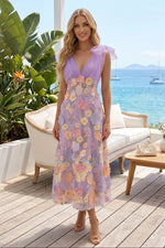 3D Floral Applique Tulle A-Line Midi Dress
