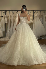 3D Floral Applique Square Neck Ball Gown Wedding Dress