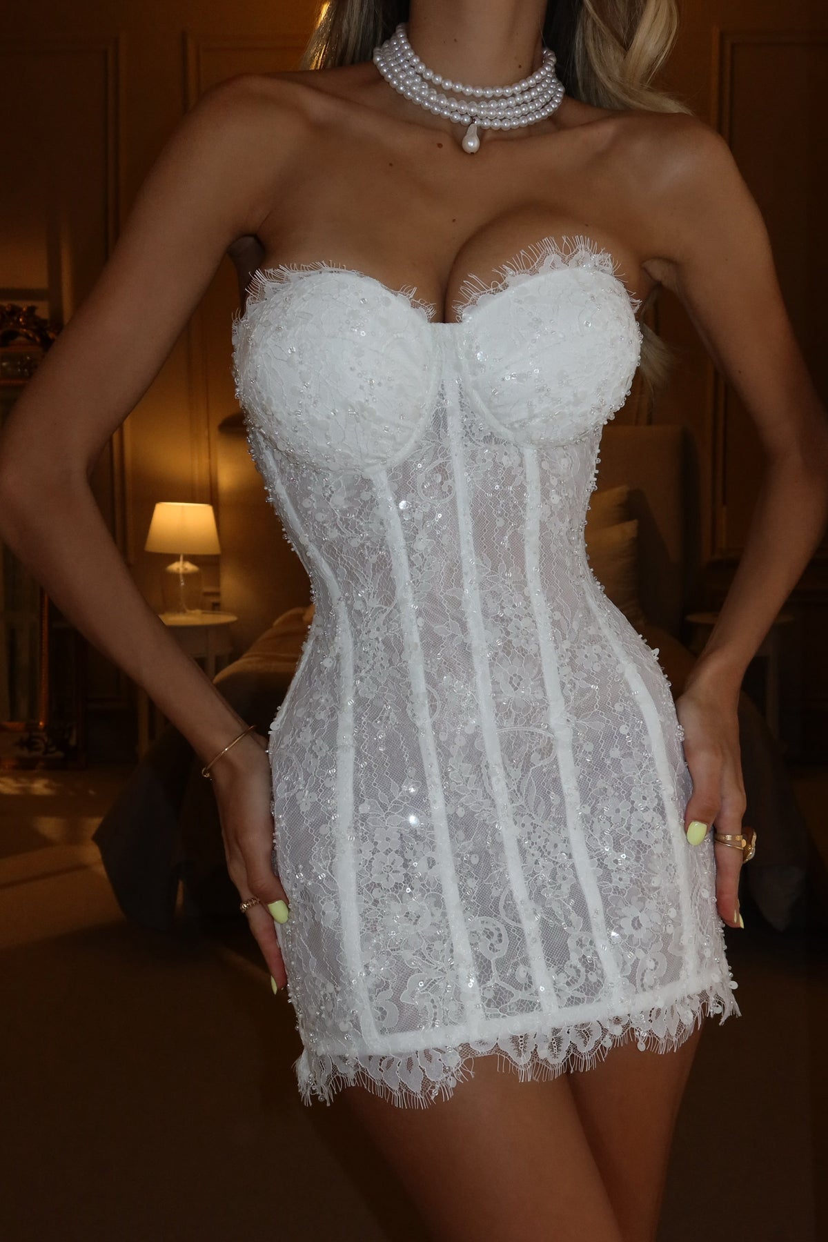 Strapless Lace Corset Mini Dress with Sequins