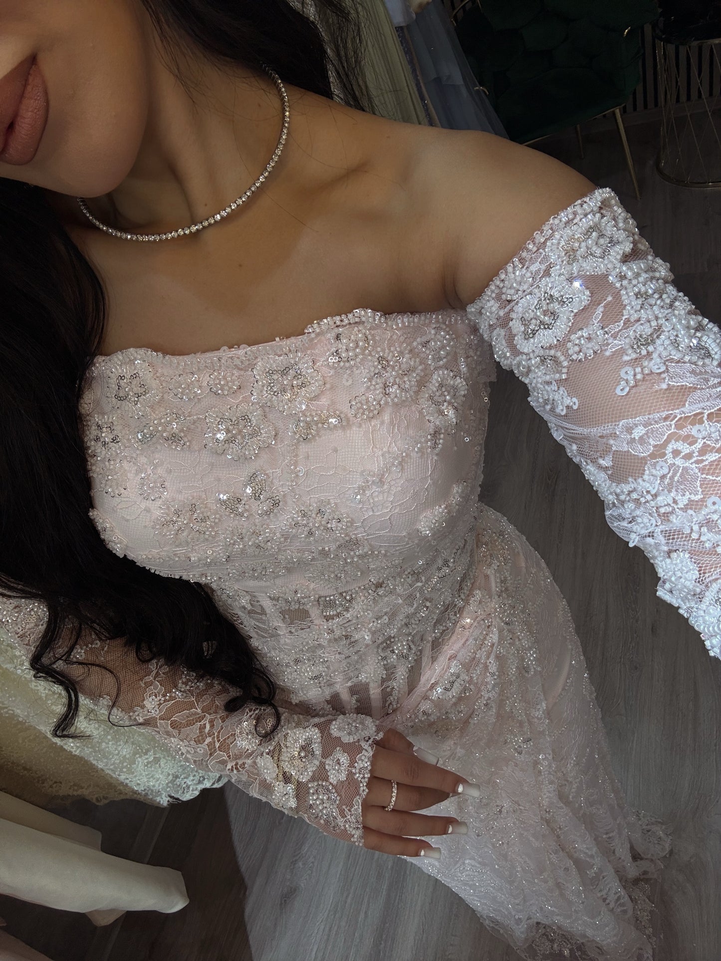 Off-the-Shoulder Lace Evening Gown with Slit