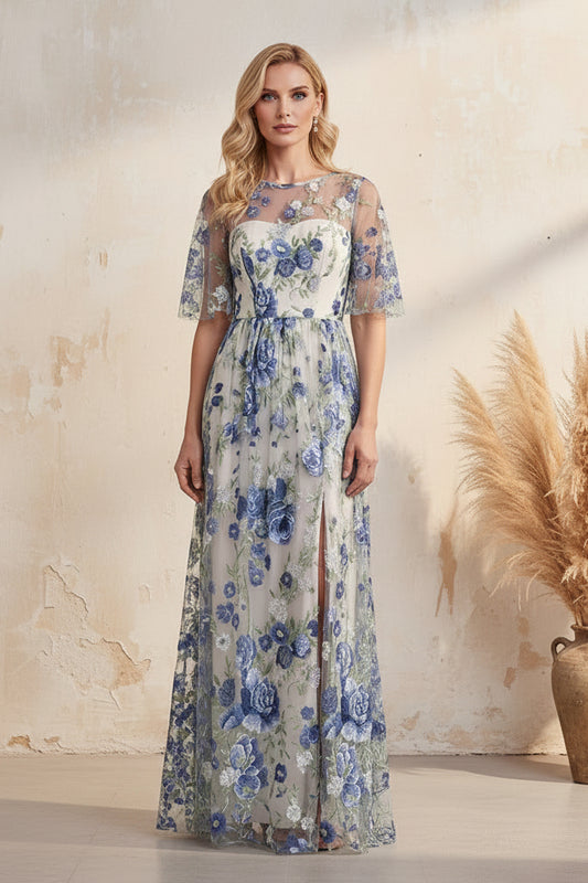 Floral Embroidered Tulle A-Line Gown with Slit