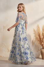 Floral Embroidered Tulle A-Line Gown with Slit