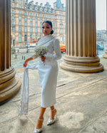 One Shoulder Pearl Trim Feather Sleeve Midi Dress