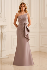 One-Shoulder Applique Mermaid Evening Gown
