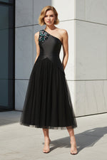 One-Shoulder Appliqué Tea-Length Dress