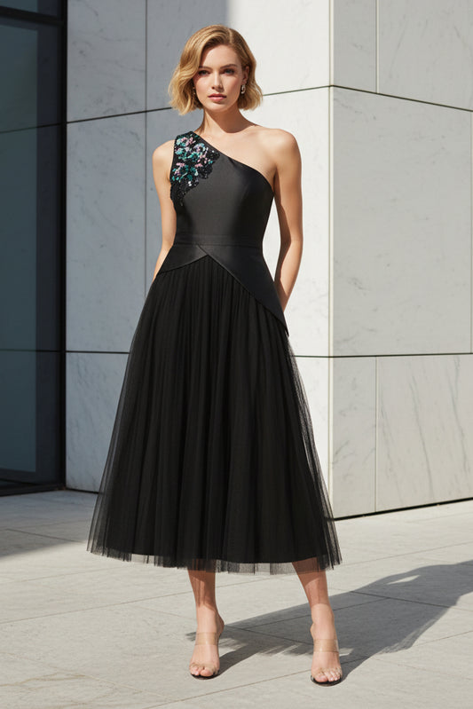 One-Shoulder Appliqué Tea-Length Dress