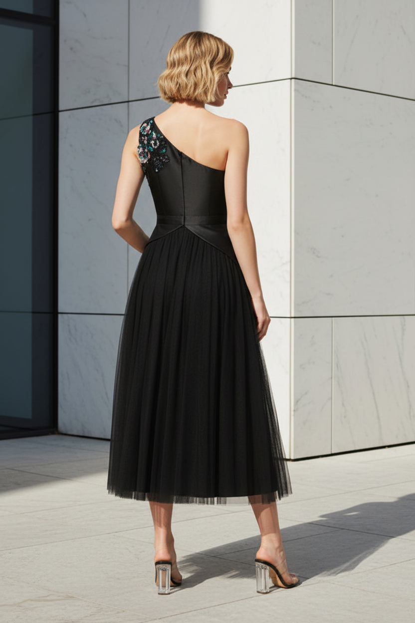 One-Shoulder Appliqué Tea-Length Dress