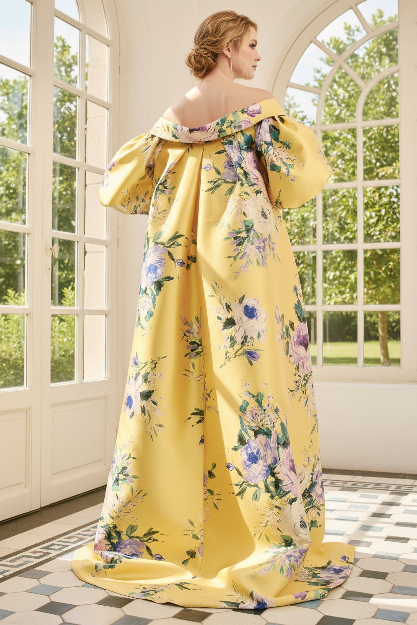 Floral Strapless Gown with Puff Sleeve Cape